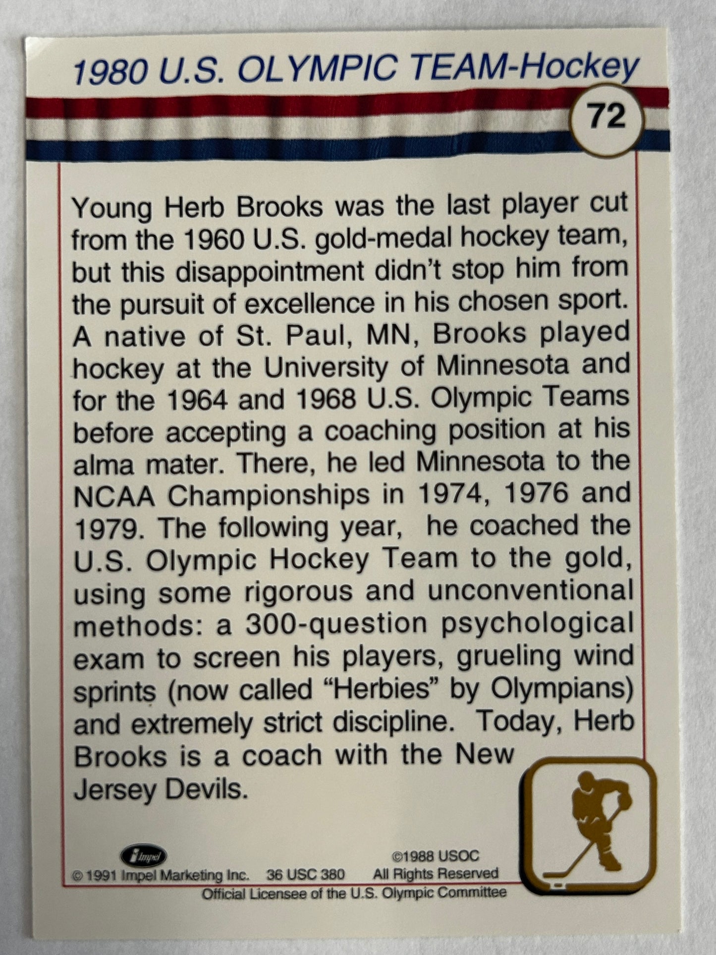 Jack O'Callahan Signed 1991 USA Olympics Hall of Fame Coach Herb Brooks Card