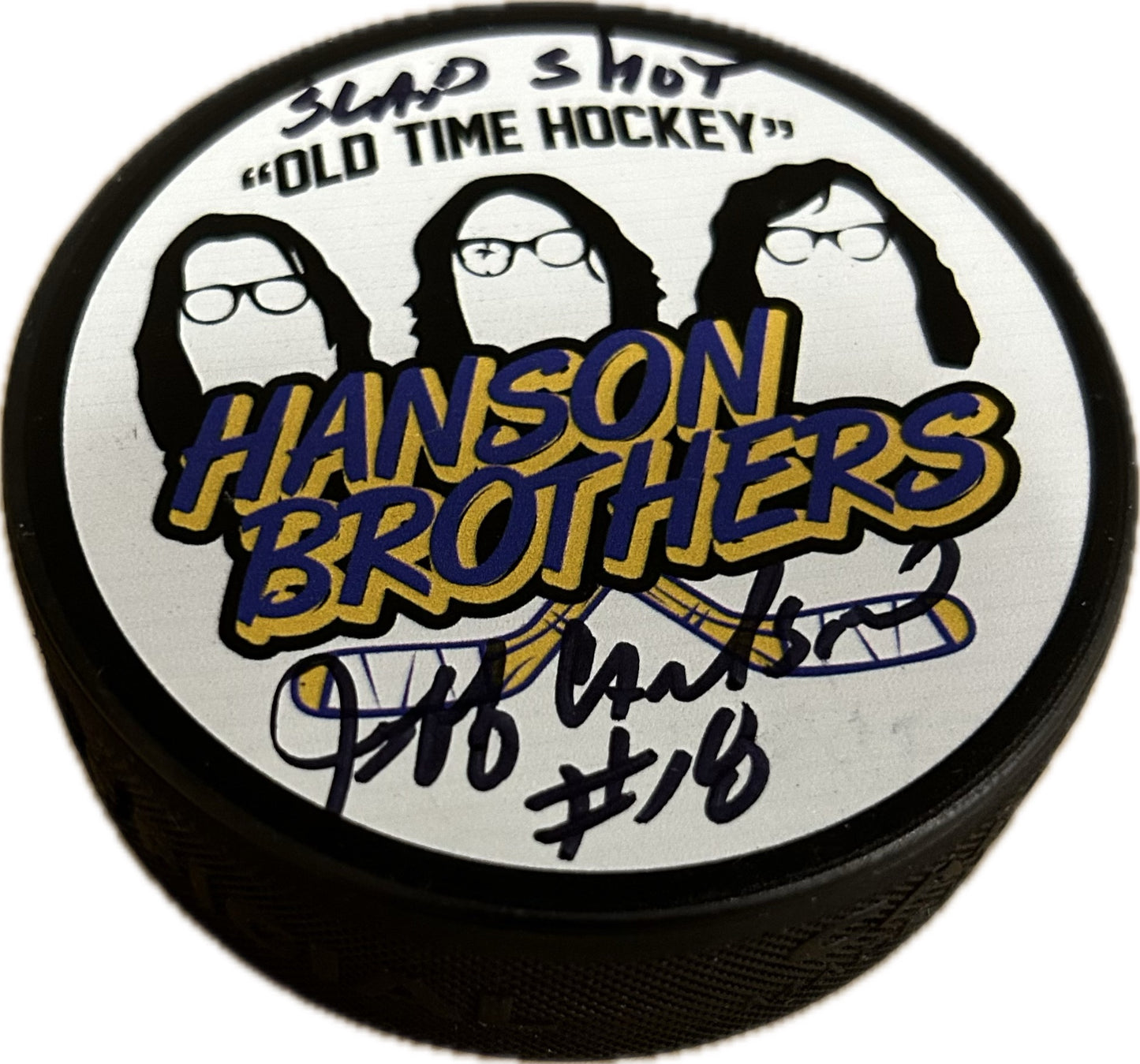 Slap Shot Chiefs Hanson Brothers Hockey Puck Signed by Jeff Carlson #18
