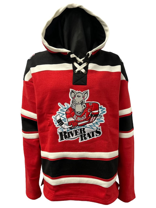 Albany River Rats Hockey Embroidered Red Lace Hoodie
