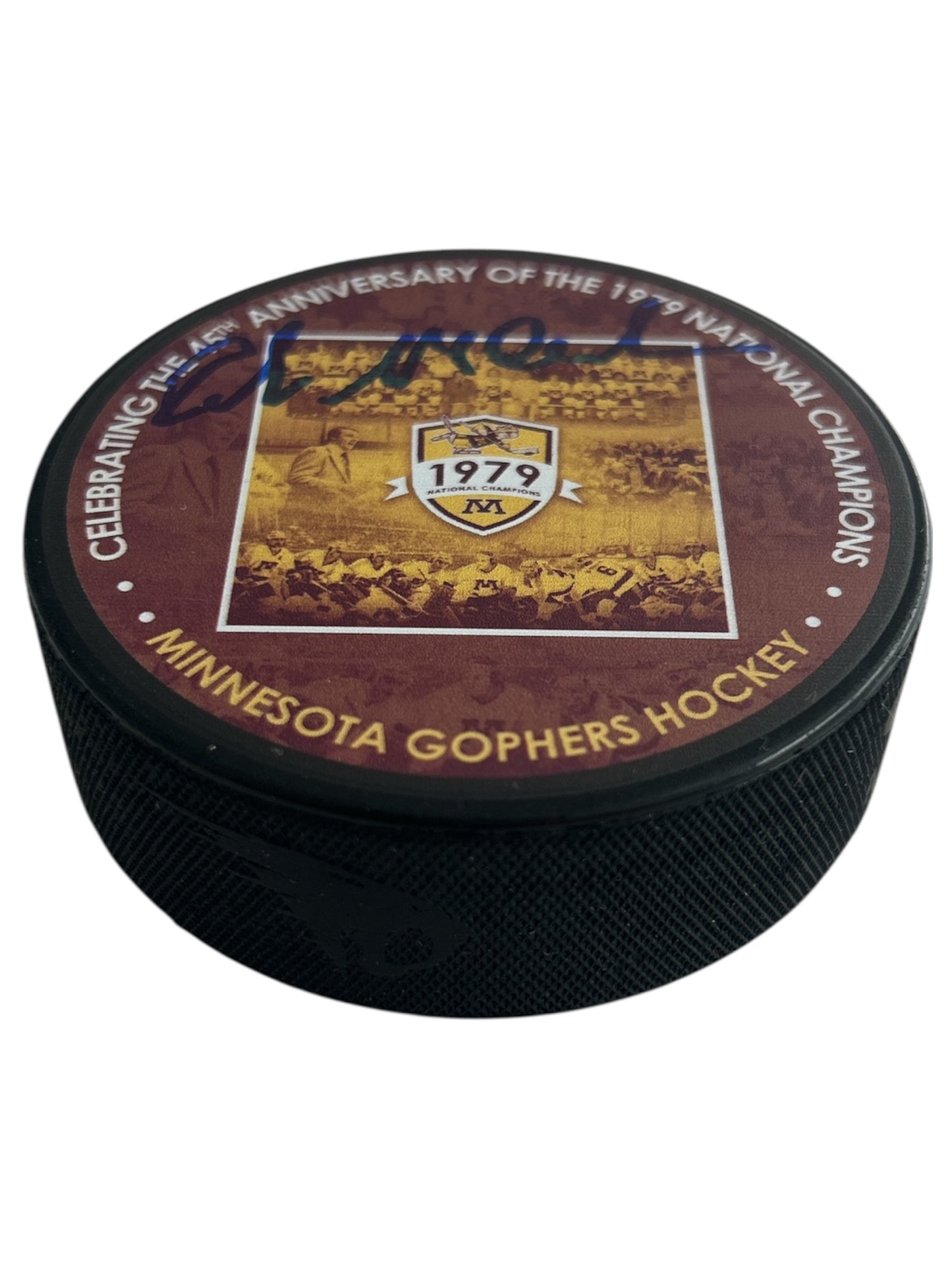 Rob McClanahan Minnesota Golden Gophers National Champs 1979 45th Anniversary License Hockey Puck - Signed