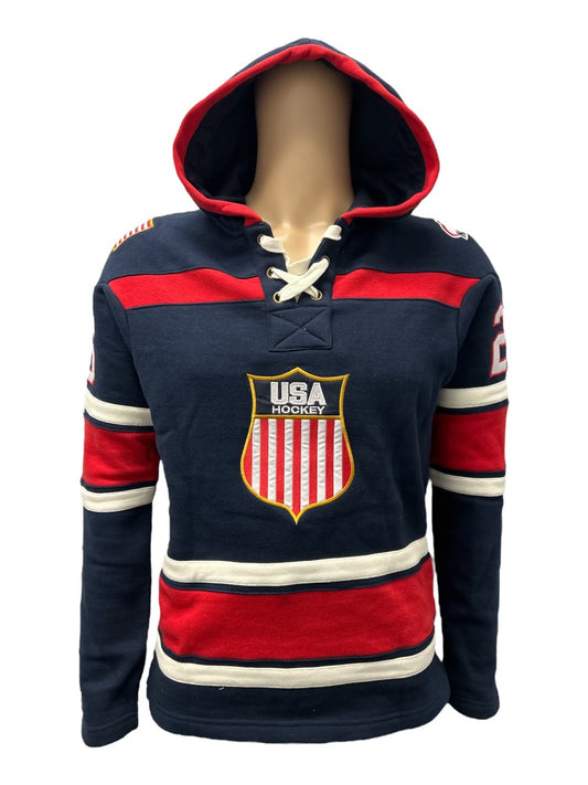 USA Hockey Shield Logo Official Embroidered Navy Lace Hoodie