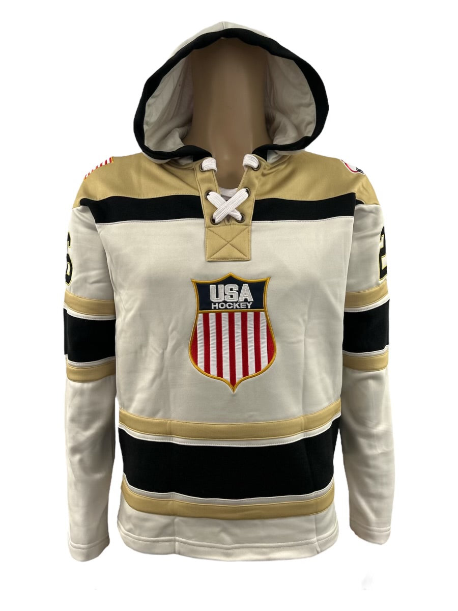USA Hockey Shield Logo Official Embroidered Vintage Look White Lace Hoodie