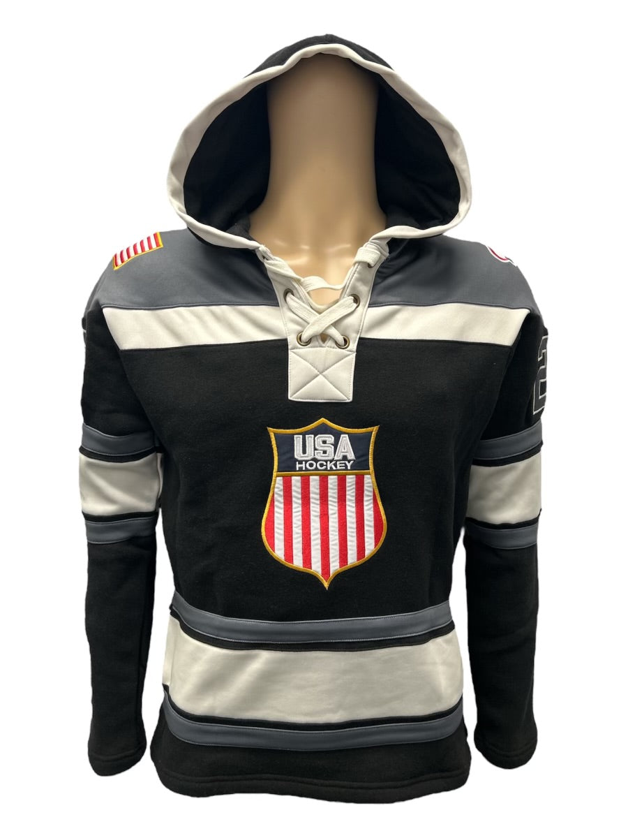USA Hockey Shield Logo Official Embroidered Vintage Look Black Lace Hoodie
