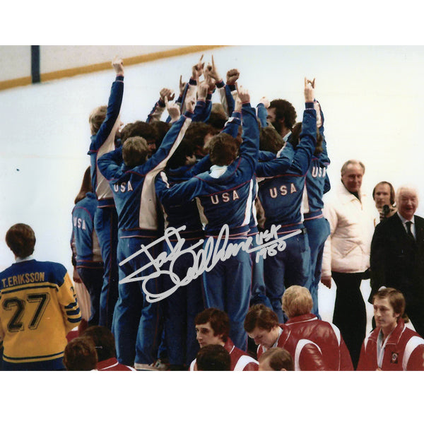 Jack O'callahan Signed Miracle on Ice 1980 USA Hockey Team Lake Placid Gold Medal Podium Celebration Official Photo 8x10