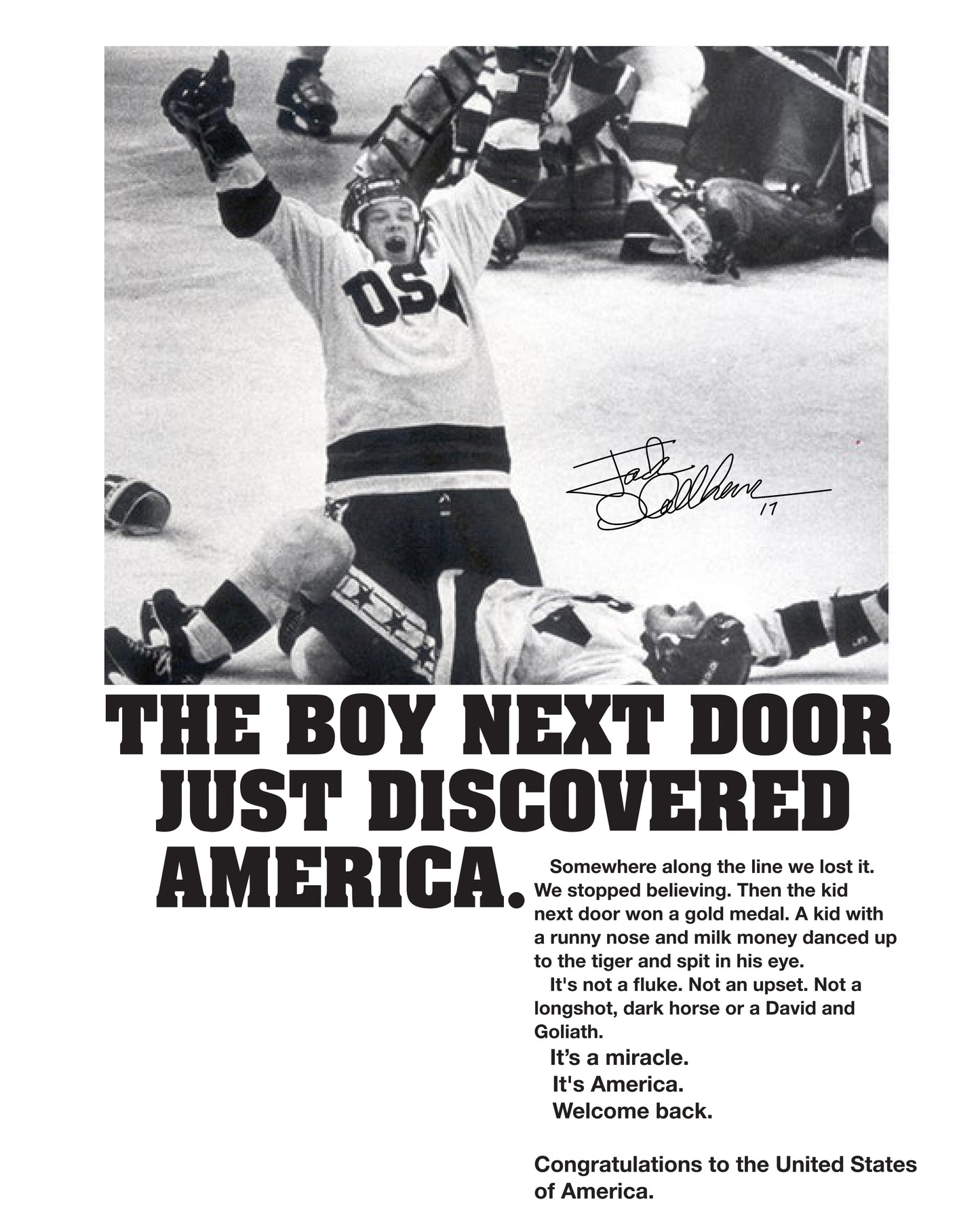 Jack O'Callahan Boy Next Door Signed Photo 8x10 Miracle on Ice 1980 USA Hockey Team Lake Placid