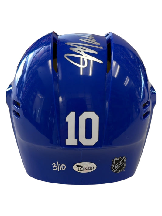 Blue hockey helmet with number 10 and silver autograph