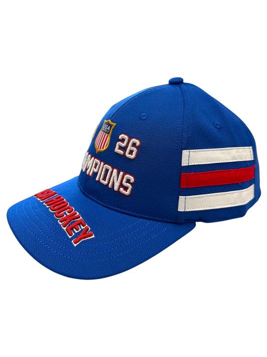 Blue USA Hockey baseball cap with Champions 26 embroidery and red and white side stripes