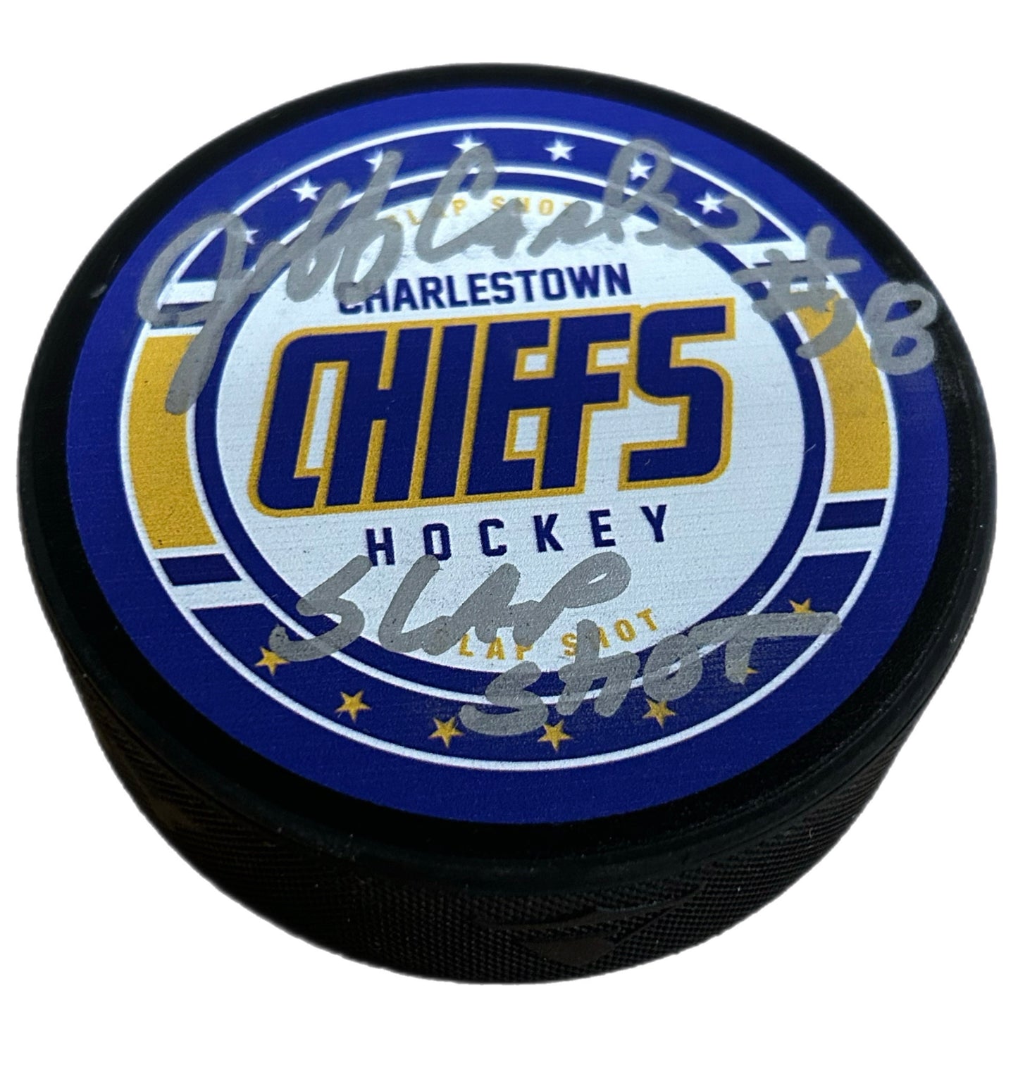 Slap Shot Charlestown Chiefs Hockey Puck Signed by Jeff Carlson #18