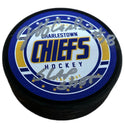 Slapshot Charlestown Chiefs Hockey Puck Signed by Jeff Carlson #18