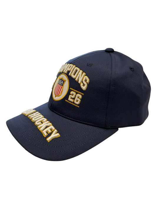 Navy blue USA Hockey champions baseball cap with embroidered text and logo