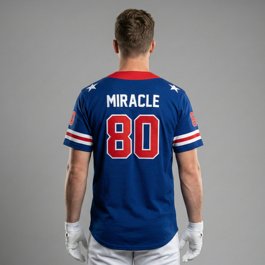 Back view of a blue jersey with Miracle and number 80 in red and white lettering