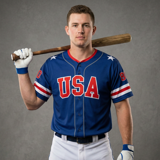 Baseball player wearing a blue USA jersey holding a wooden bat over his shoulder