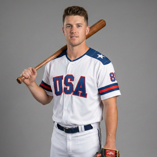 Baseball player in USA uniform holding a wooden bat over his shoulder