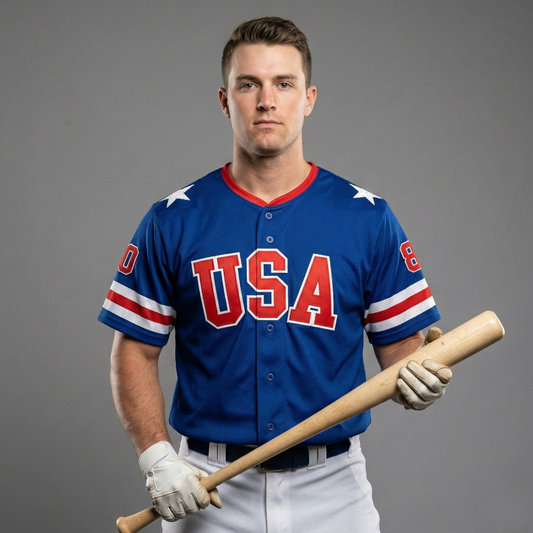 Baseball player wearing a blue USA jersey holding a wooden bat