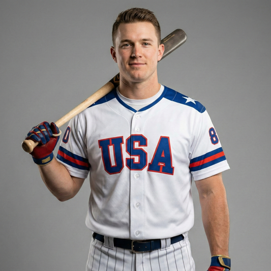 Baseball player wearing a white USA jersey holding a wooden bat over his shoulder