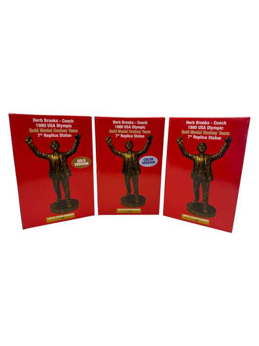Three red boxes featuring Herb Brooks 1980 USA Olympic hockey team replica statue