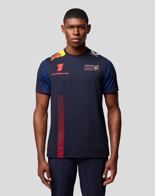 Man wearing a navy blue Oracle Red Bull Racing Max Verstappen t-shirt with red and yellow branding
