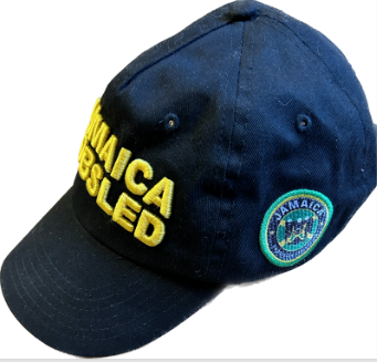 Black baseball cap with yellow Jamaica Bobsled embroidery and a circular Jamaica patch on the side