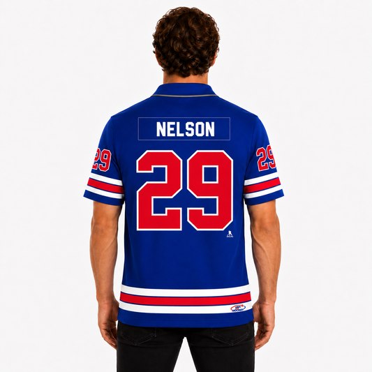 Back view of a blue hockey jersey with Nelson 29 printed on the back