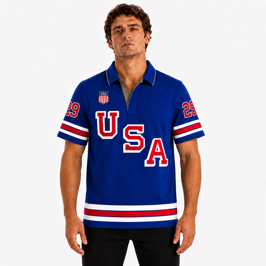 Man wearing a blue USA polo shirt with red and white stripes and the number 29 on the sleeves