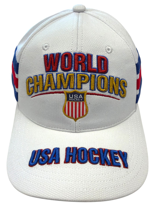 White USA Hockey World Champions baseball cap with red and blue embroidery
