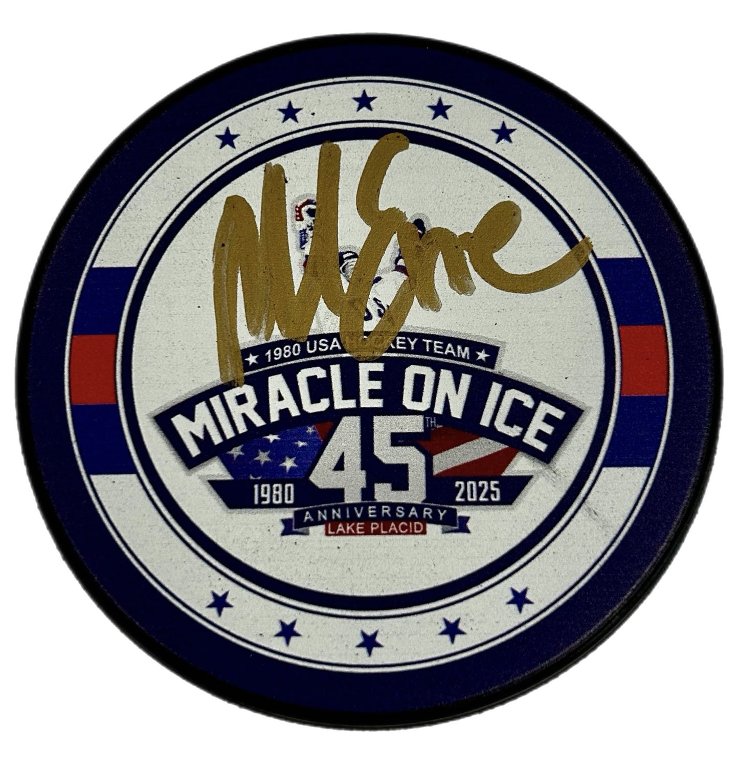 Mike Eruzione USA Hockey Miracle On Ice 45th Anniversary (1980-2025) Hockey Puck Hand Signed