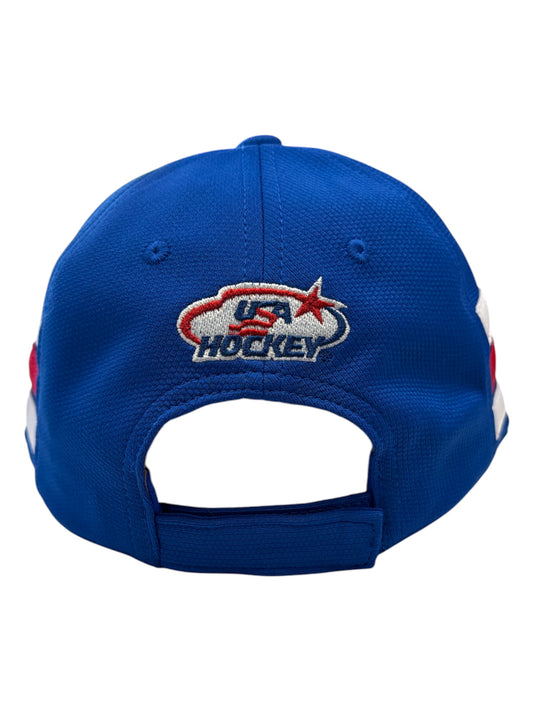 Back view of a blue baseball cap with an embroidered USA Hockey logo