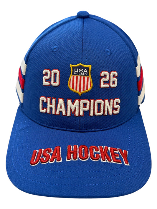 Blue USA Hockey 2026 Champions baseball cap with embroidered text and logo