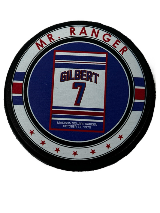 Round commemorative patch for Rod Gilbert with number 7 and Madison Square Garden date