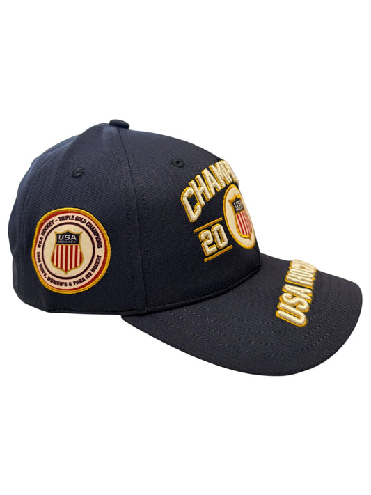 Navy blue USA Hockey baseball cap with embroidered championship text and logos