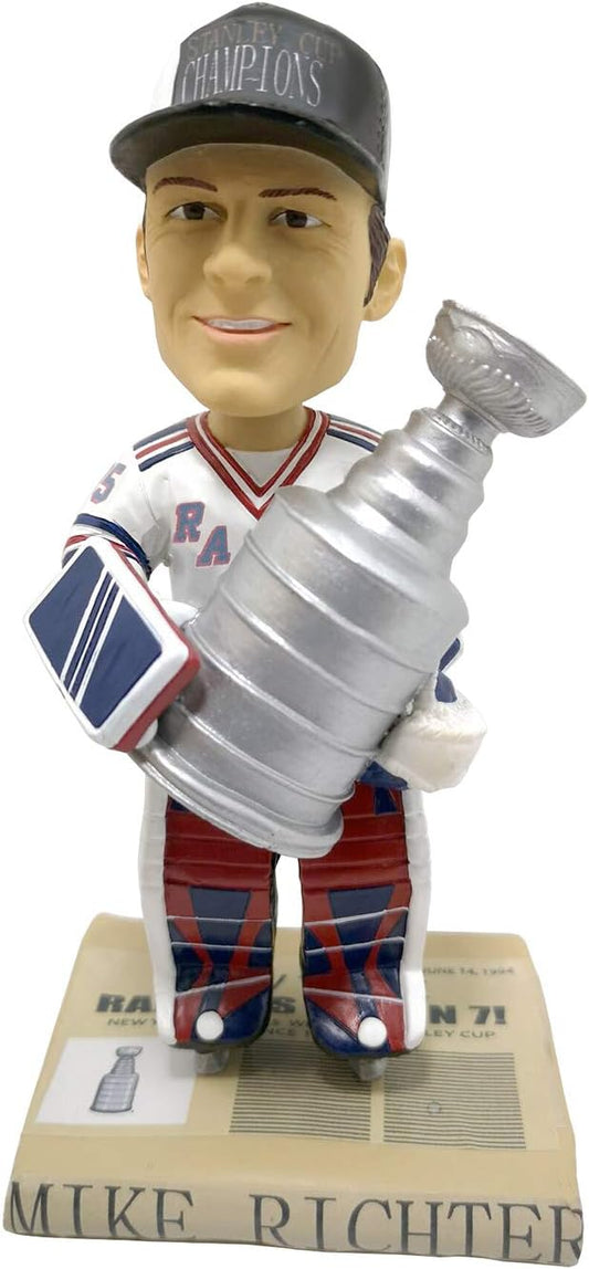 Mike Richter bobblehead figure wearing New York Rangers uniform and holding a miniature Stanley Cup trophy