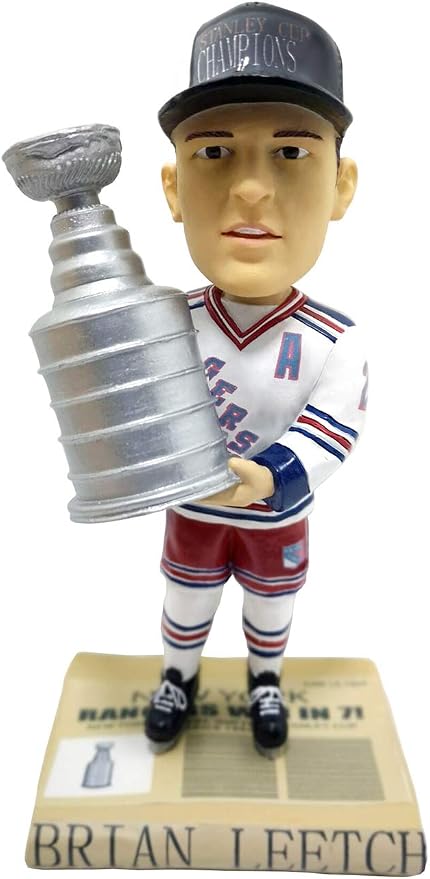 Brian Leetch bobblehead figure wearing a New York Rangers uniform and holding a Stanley Cup trophy