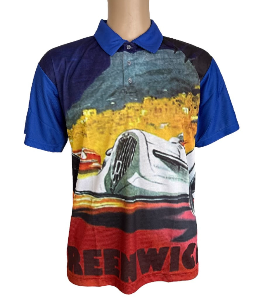 Blue polo shirt with a vintage car graphic and Greenwich text print