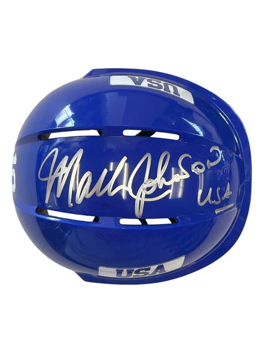 Blue USA hockey helmet signed by Mark Johnson