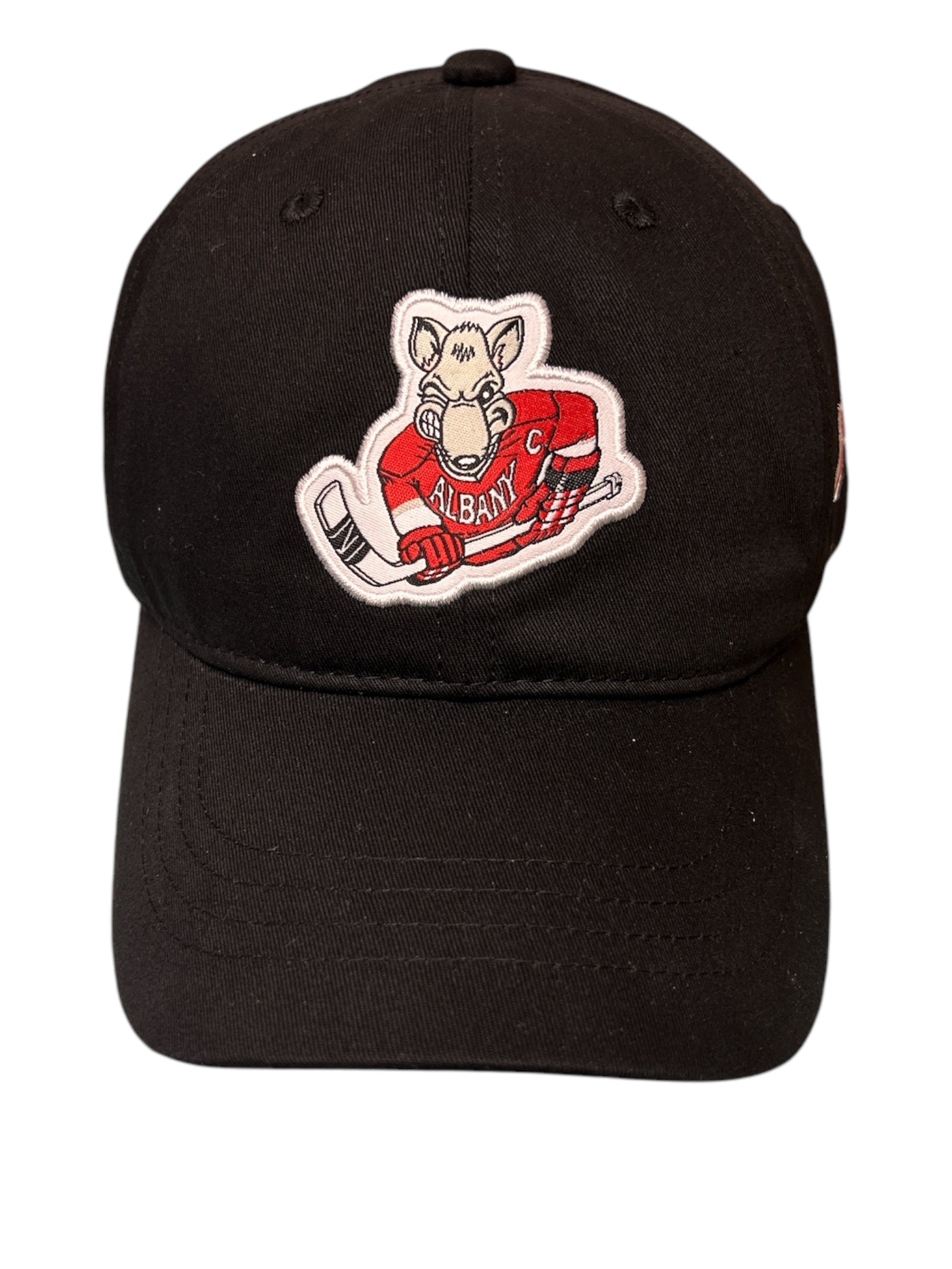 Black baseball cap with Albany River Rats hockey logo embroidered on front