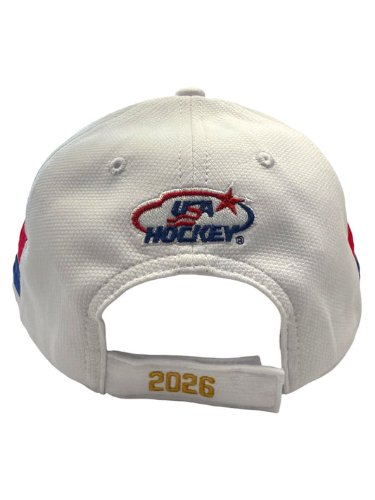White baseball cap with USA Hockey logo on back and 2026 embroidered on strap