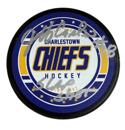 Slap Shot Charlestown Chiefs Hockey Puck Signed by Jeff Carlson #18