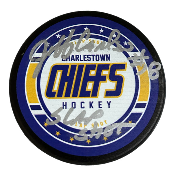 Slapshot Charlestown Chiefs Hockey Puck Signed by Jeff Carlson #18