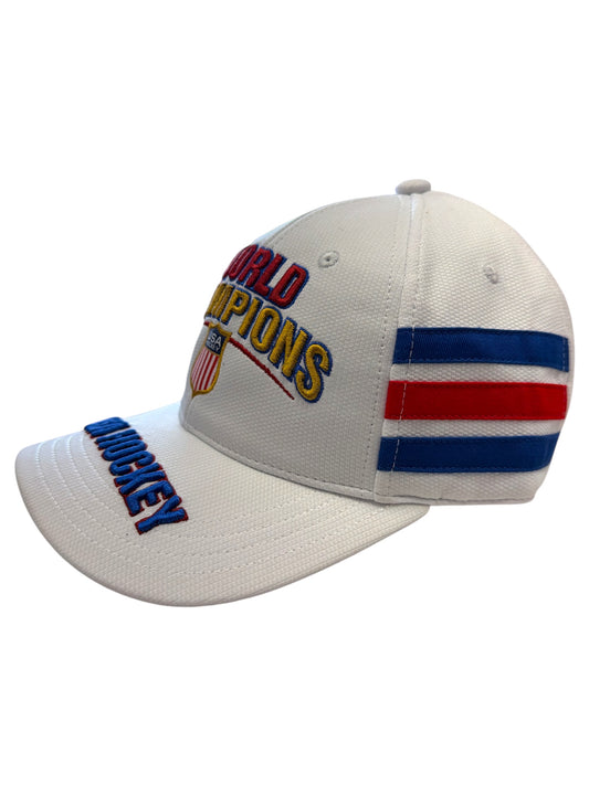 White USA Hockey World Champions baseball cap with red and blue stripes