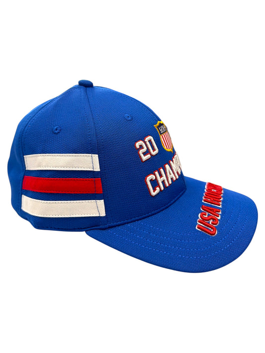Blue USA Hockey championship baseball cap with red and white side stripes