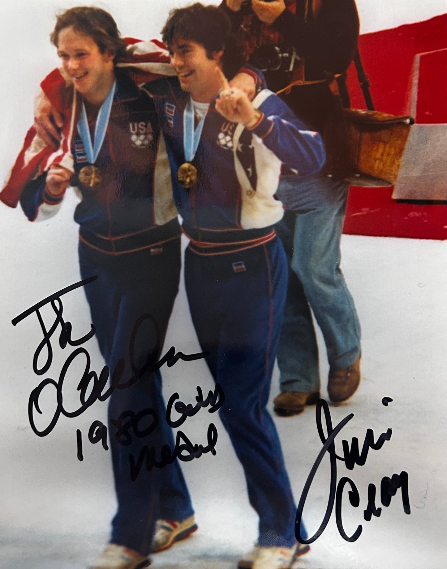 Jim Craig and Jack O'Callahan "BU" Gold Medal Celebration Signed Official Photo 8X10 Miracle on Ice 1980 USA Hockey Lake Placid