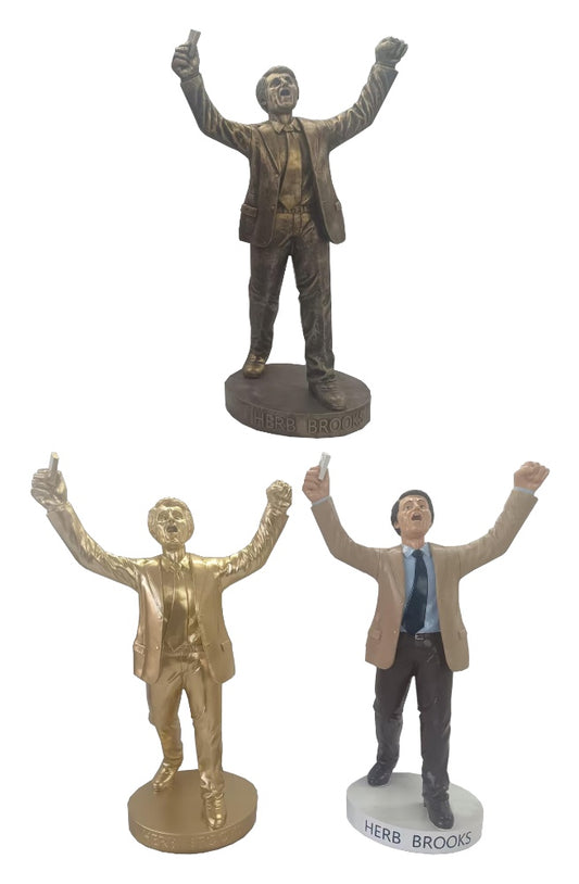 Three Herb Brooks figurines in bronze gold and full color finishes