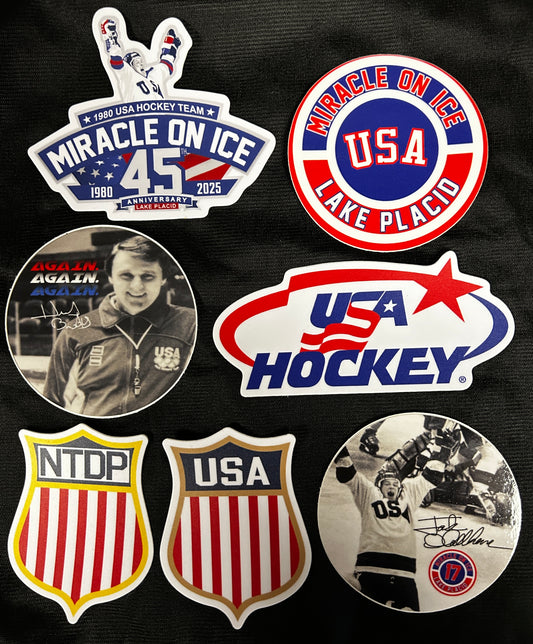 USA Hockey 1980 Miracle on Ice 45th Anniversary (1980-2025)  7 Sticker Set- 3"X2" and 4X3"