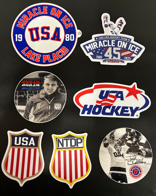 USA Hockey 1980 Miracle on Ice 45th Anniversary (1980-2025)  7 Sticker Set- 3"X2" and 4X3"