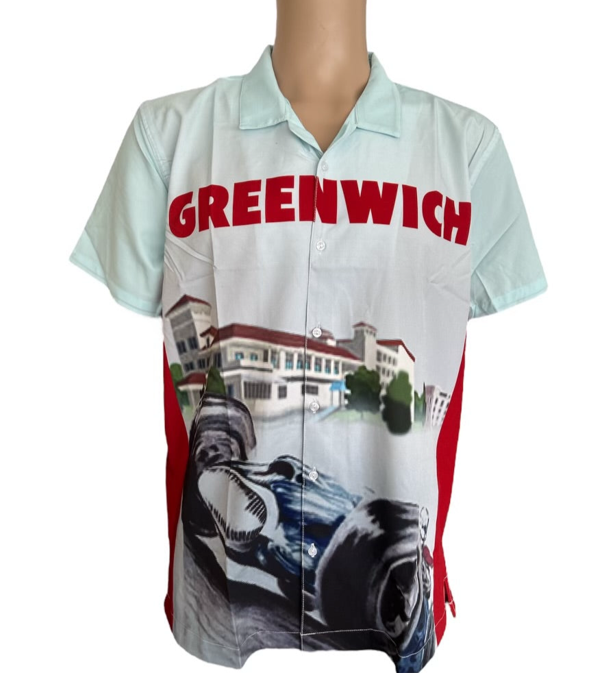 Light blue short sleeve button down shirt featuring Greenwich text and a graphic of a building and a race car