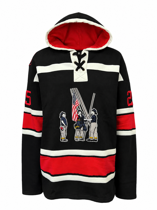 Black hockey style hoodie with red and white stripes and firefighter graphic