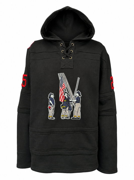 Black lace up hoodie featuring embroidered firefighters raising an American flag