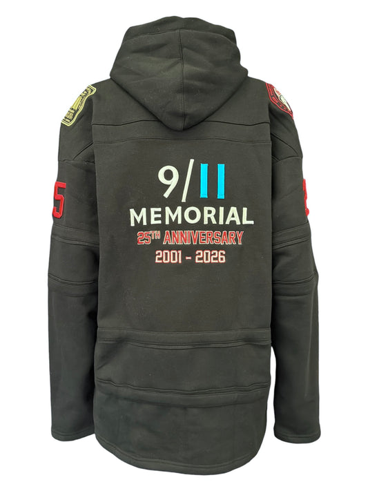 Back view of black hoodie with 9/11 Memorial 25th Anniversary embroidery