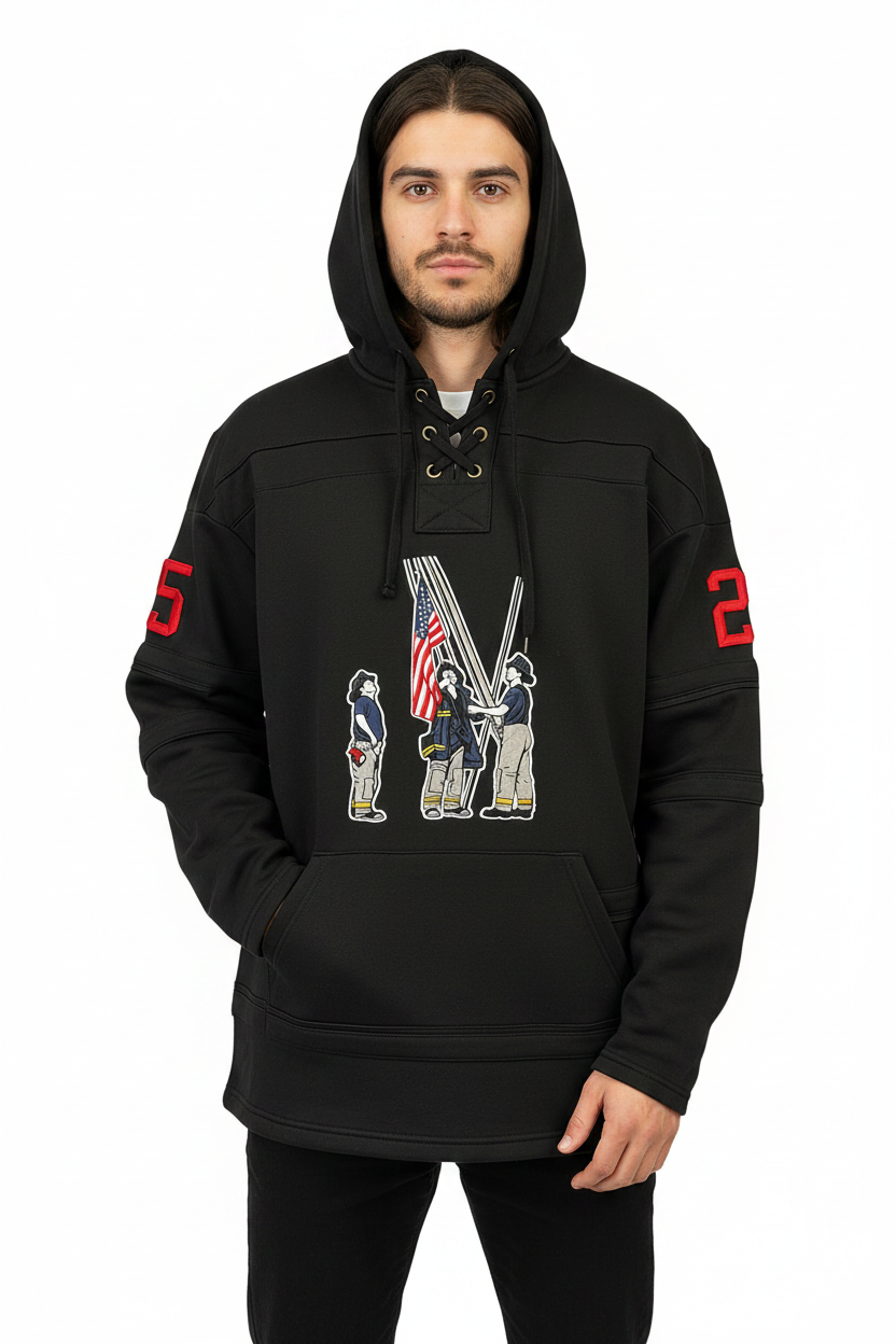 Man wearing a black lace up hoodie with a firefighter graphic and the number 25 on the sleeves
