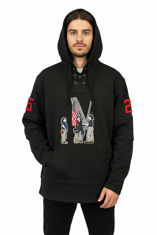 Man wearing a black lace up hoodie with a firefighter graphic and the number 25 on the sleeves